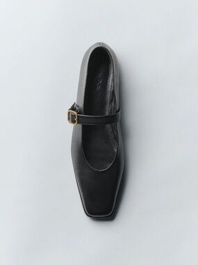 Massimo Dutti Black Leather Mary Jane Flats with Gold Buckles